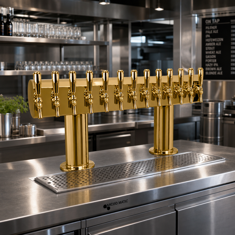 Product image #2 for Micro Matic Double Pedestal 12-Faucet Countertop Draft Beer Tower, PVD Brass, Glycol Cooled