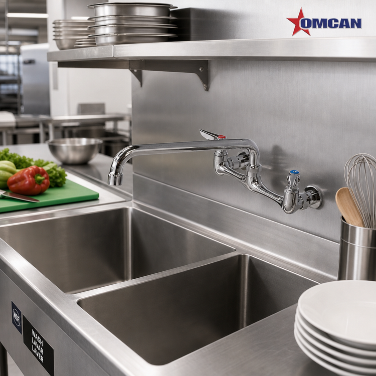Product image #2 for Omcan USA Splash-Mounted Commercial Faucet with 8-Inch Centers and 12-Inch Standard Swivel Spout