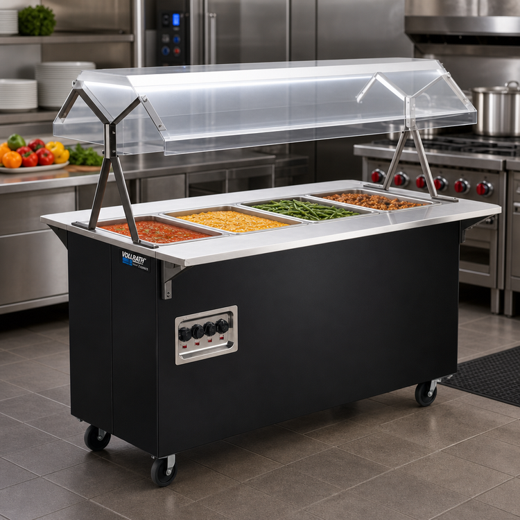 Product image #2 for Vollrath 2-Series Affordable Portable 4-Well Mobile Hot Food Station with Lighted Buffet Breath Guard and Enclosed Storage Base