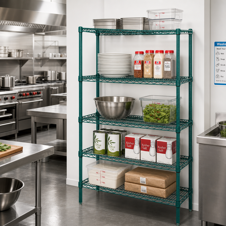 Product image #2 for Quantum Wire Shelving Starter Kit, 72W x 30D x 63H, 5 Shelves, Green Epoxy Antimicrobial Finish