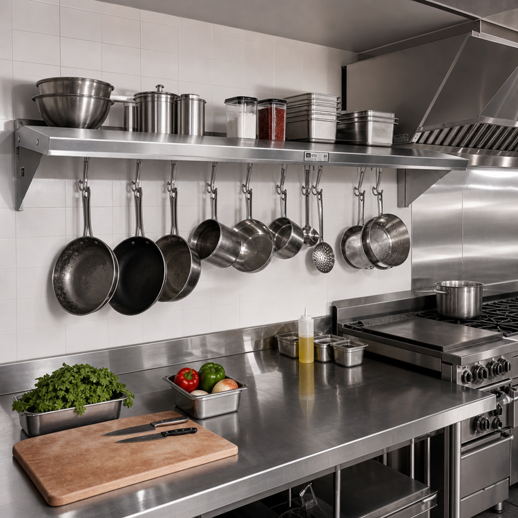 Product image #2 for John Boos Stallion 144-Inch Wall-Mounted Stainless Steel Pot Rack Shelf with 12 Hooks, 16-Gauge