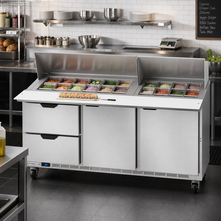 Product image #3 for Beverage-Air SPED72HC-30M-2 Mega Top Sandwich Prep Table with 30-Pan Top, 2 Doors, 2 Drawers