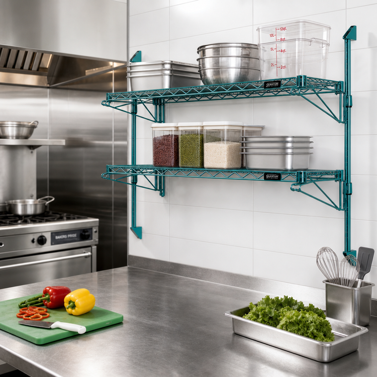 Product image #2 for Quantum Green Epoxy Wall-Mount Cantilever Double Wire Shelving Unit, 48 x 14 Inches