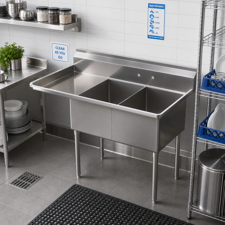 Product image #2 for Sapphire 44-1/2 Inch 2-Compartment Stainless Steel Sink with Left Drainboard and 9-3/4 Inch Backsplash