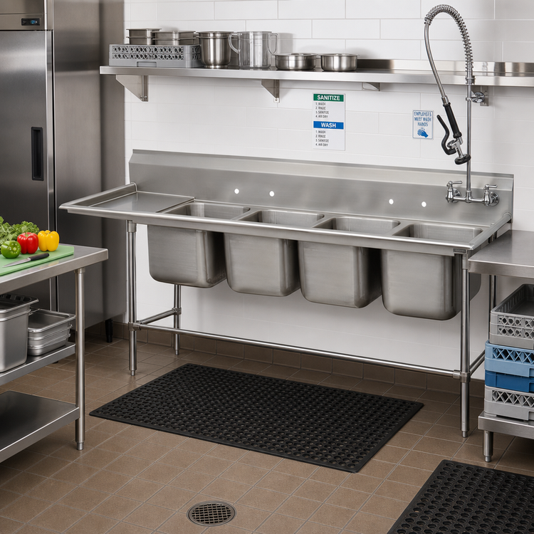 Product image #2 for Advance Tabco Regaline 4-Compartment Sink with Left-Hand 24-Inch Drainboard, 16 x 20 Bowls, 14 Gauge 304 Stainless Steel
