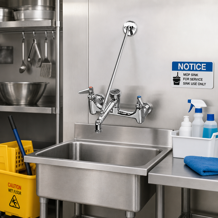 Product image #2 for T&S Brass Wall-Mount Service Sink / Mop Sink Faucet, 8-Inch Centers, Vacuum Breaker Nozzle, Polished Chrome-Plated