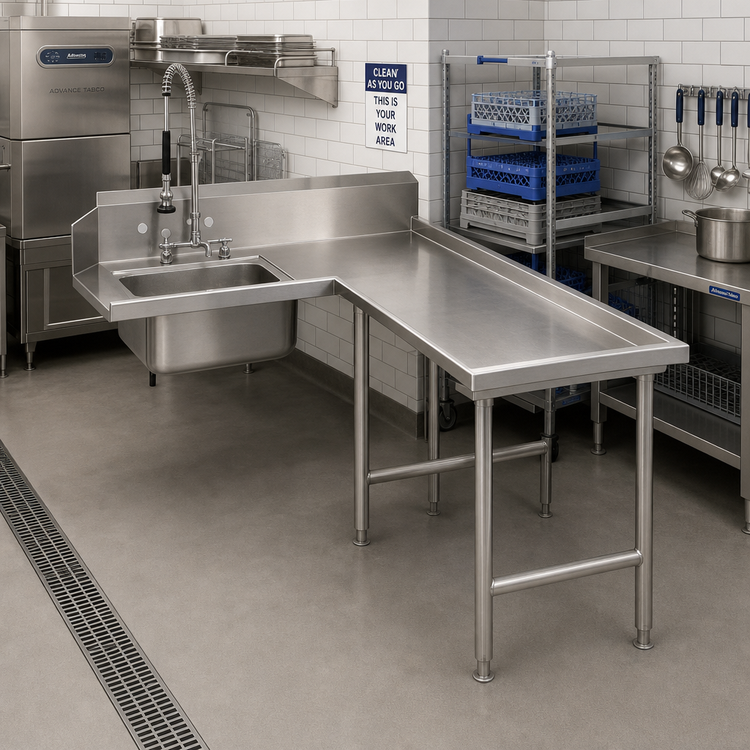 Product image #2 for Advance Tabco DTS-G30-84R L-Shaped Island Soil Dishtable with Right-Hand Pre-Rinse Sink, 83 Inch Long, 14-Gauge 304 Stainless Steel
