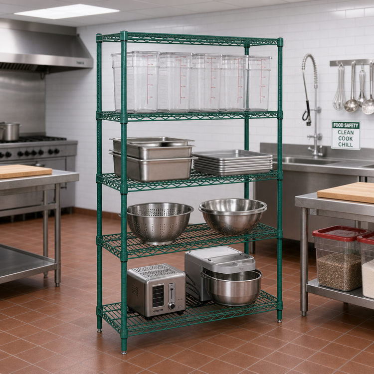 Product image #2 for Quantum 48" x 12" x 54" Wire Shelving Starter Kit with 4 Shelves, Green Epoxy Antimicrobial Finish