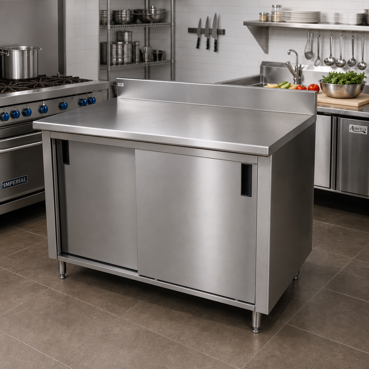 Product image #2 for Advance Tabco 60-Inch x 30-Inch Enclosed Work Table with Cabinet Base and Sliding Doors, 14-Gauge 304 Stainless Steel Top, 5-Inch Backsplash