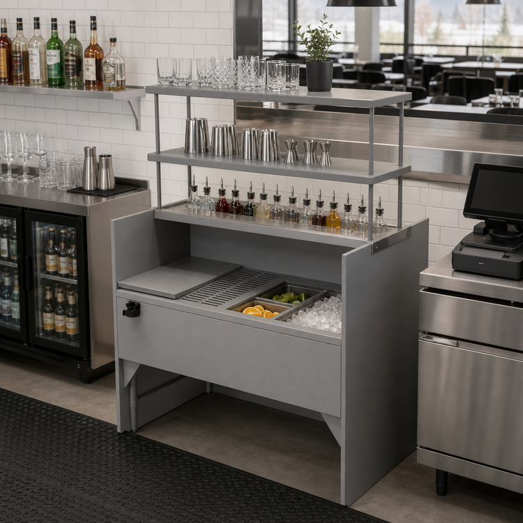 Product image #2 for BK Resources Underbar Pass-Thru Ice Bin/Cocktail Station with Overshelves, 10-Circuit Cold Plate, 54 x 35 x 73 Inches