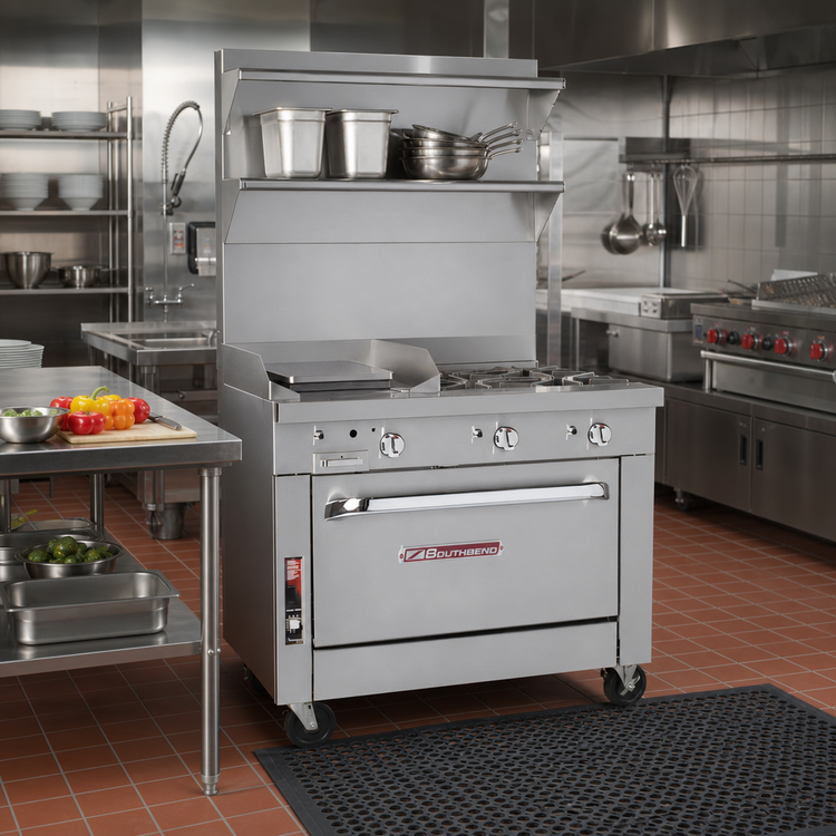 Product image #2 for Southbend Platinum 36-Inch Heavy Duty Gas Range with 4 Open Burners, 12-Inch Hot Top and Cabinet Base