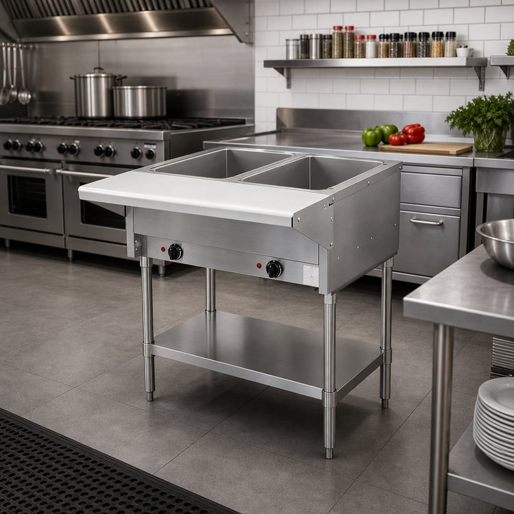 Product image #2 for BevLes 2-Well Dry Heat Steam Table with Open Pan Wells and Cutting Board