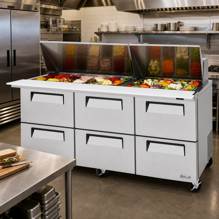 Product image #2 for Turbo Air Super Deluxe Three-Section Sandwich/Salad Mega Top Refrigerated Prep Table with 6 Drawers and 30-Pan Opening
