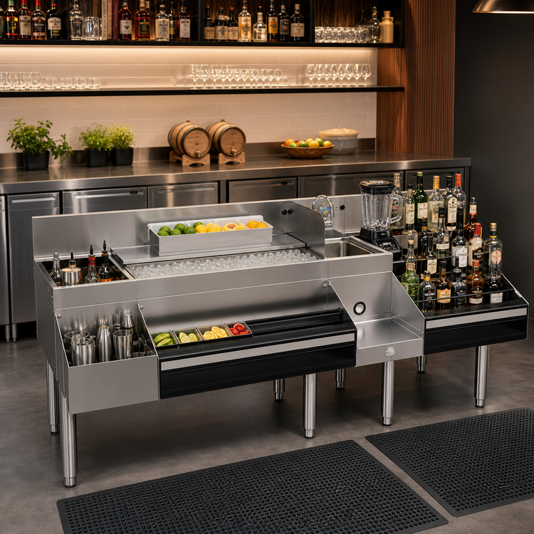 Product image #2 for Glastender 72-Inch All-In-One Underbar Ice Bin/Cocktail Station with Sink, Blender Shelf, and Speed Rail