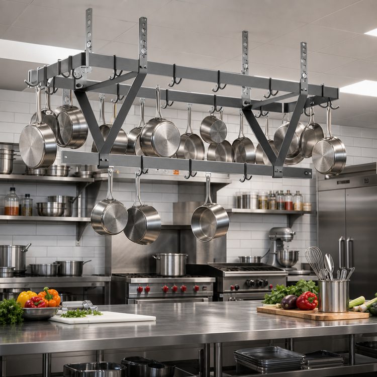 Product image #2 for Eagle Group 88" x 20" x 18" Commercial Ceiling-Mounted Triple-Bar Aluminum Pot Rack with 24 Double-Pronged Hooks