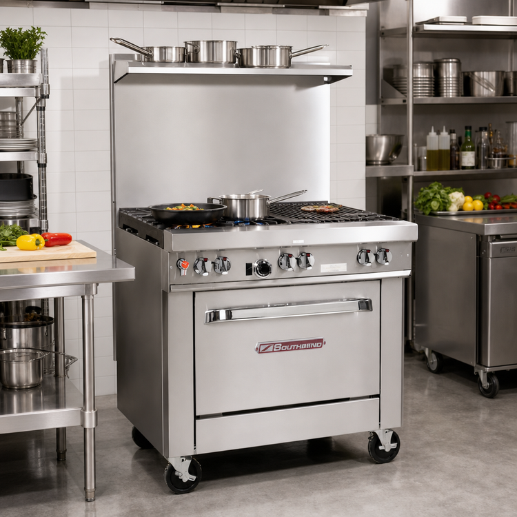 Product image #2 for Southbend Ultimate 36-Inch Gas Restaurant Range with 2 Star/Saute Burners, 24-Inch Charbroiler, Cabinet Base, and Hi-Shelf