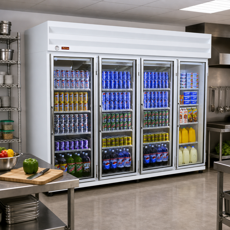 Product image #2 for Howard-McCray GR102 Four-Section Glass Door Refrigerator Merchandiser, 102 Cu. Ft., Top Mount Self-Contained, White