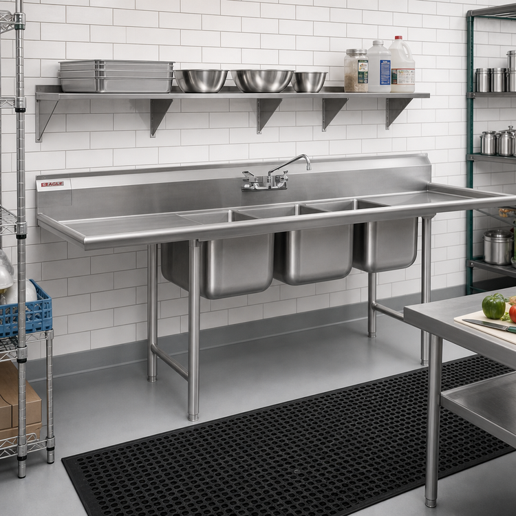 Product image #2 for Eagle Group 414 Series 108-Inch Three-Compartment Sink with Dual 24-Inch Drainboards