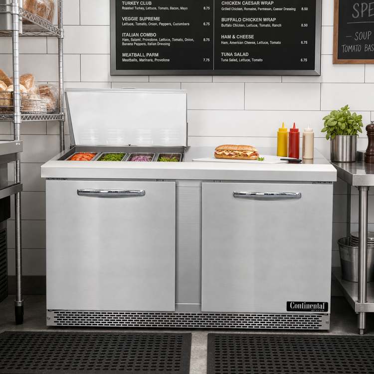 Product image #2 for Continental Refrigerator Mighty Top SW60N12M-FB 60" Two-Section 12-Pan Front Breather Sandwich Prep Refrigerator