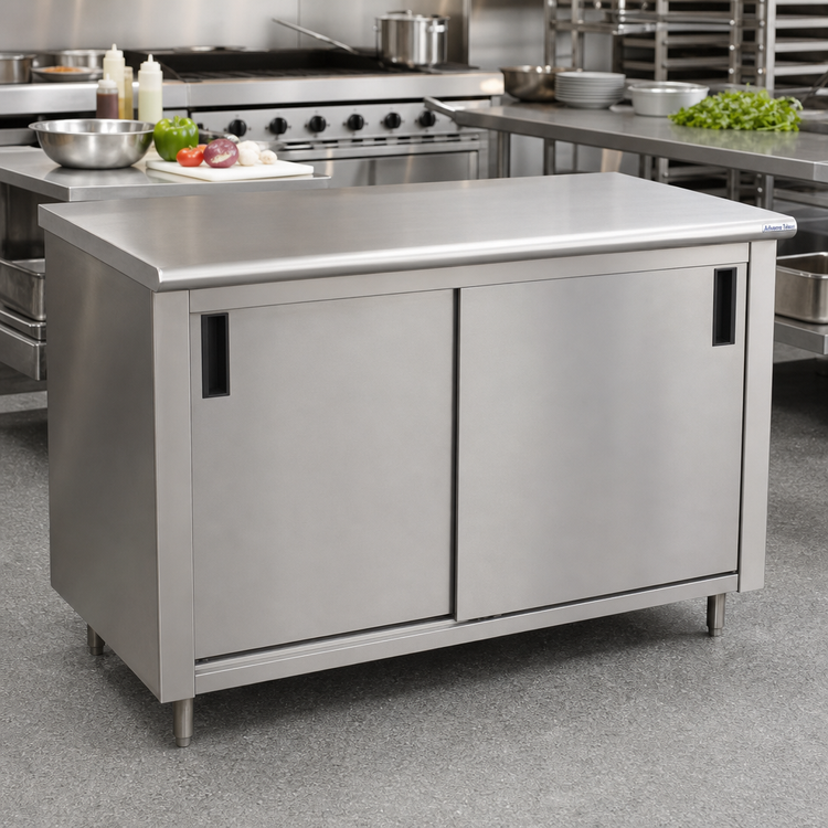 Product image #2 for Advance Tabco Special Value Series 60-Inch x 24-Inch Enclosed Work Table with Cabinet Base, Sliding Doors, and 16-Gauge 304 Stainless Steel Top