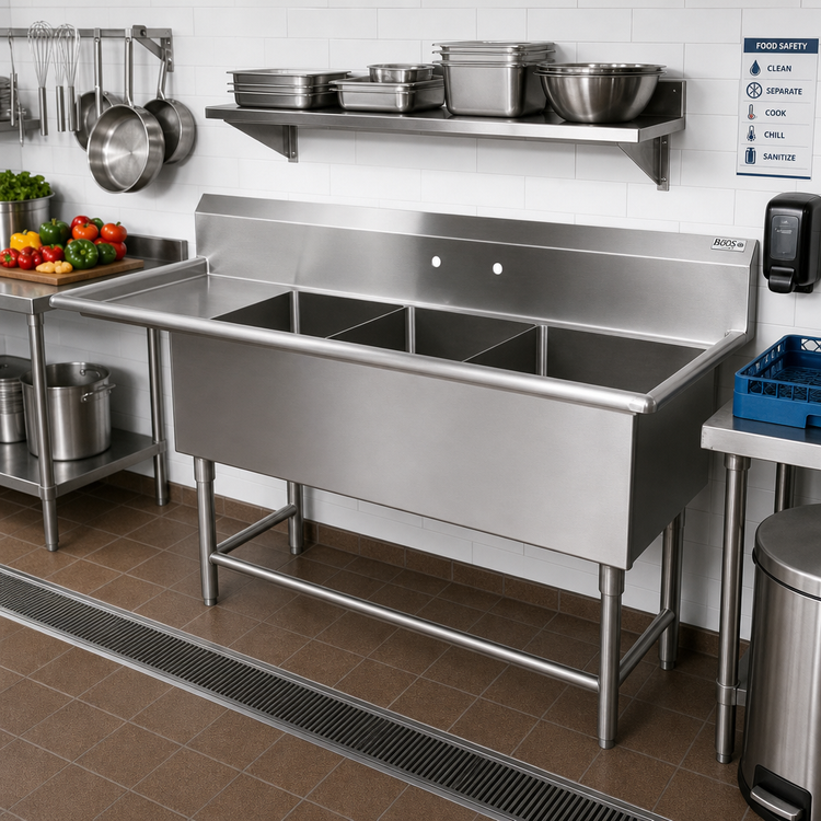 Product image #2 for John Boos Pro-Bowl 3-Compartment Floor Model Sink with Left Drainboard, 12" Deep Bowls, 130-3/16"W x 29-1/2"D, 16-Gauge Stainless Steel