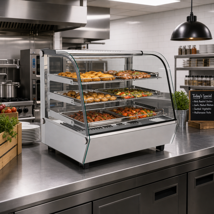 Product image #2 for Omcan Full-Service Countertop Hot Food Heated Display Case with Curved Glass, 5.65 Cu. Ft., 3 Shelves
