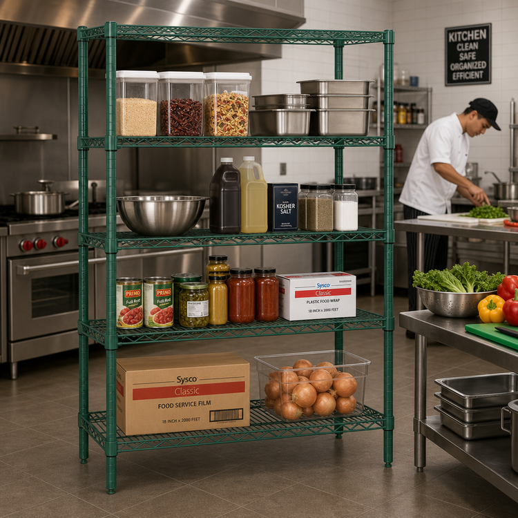 Product image #2 for Quantum Wire Shelving Starter Kit, 72-Inch Wide x 86-Inch High, 4-Shelf Stationary Unit, Green Epoxy Antimicrobial Finish