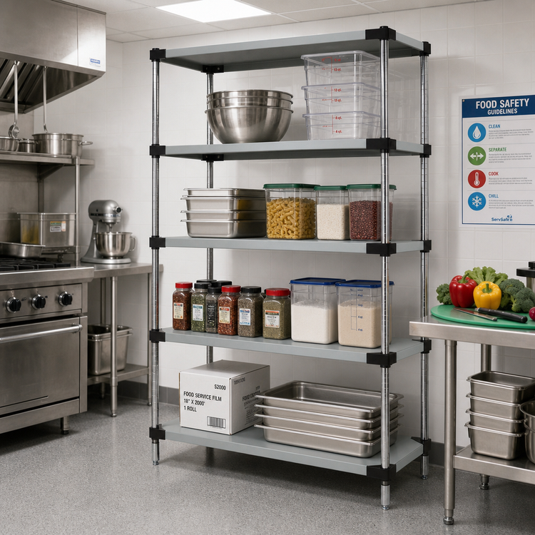 Product image #2 for Quantum 60"W x 21"D x 63"H Stationary Solid Stainless Steel Shelving Starter Kit with 4 Shelves and 4 Posts
