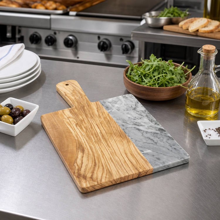 Product image #2 for American Metalcraft Olive Wood and Gray Marble Square Serving Peel with Handle, 10 x 9 Inch