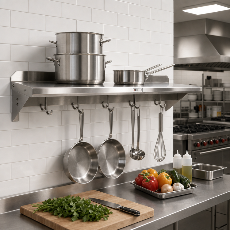 Product image #2 for John Boos Stallion Wall-Mounted Pot Rack Shelf with 2 Hooks, 24 x 18 x 13 Inches, Stainless Steel