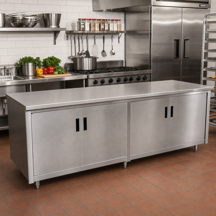 Product image #2 for Advance Tabco 120-Inch x 30-Inch 14-Gauge 304 Stainless Steel Flat Top Enclosed Work Table with Cabinet Base and Hinged Doors