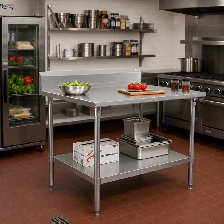 Product image #2 for John Boos Stallion 48 x 36 Inch 16-Gauge Stainless Steel Top Work Table with 5-Inch Backsplash and Galvanized Undershelf