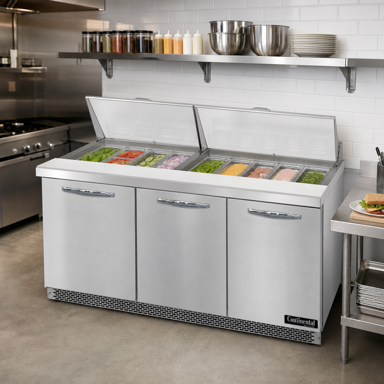 Product image #2 for Continental Refrigerator Mighty Top SW72N30M-FB 72-Inch Three-Section Front Breather Sandwich Unit