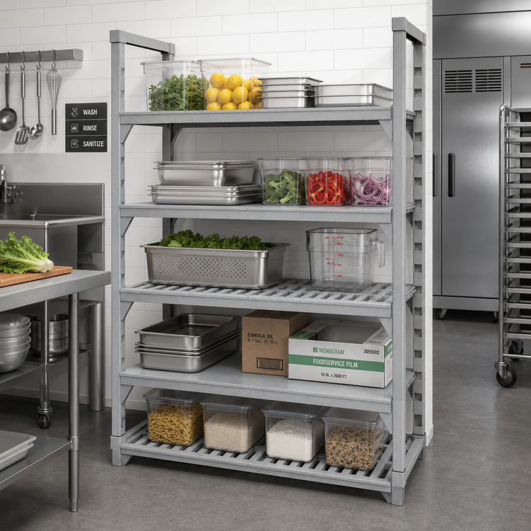 Product image #3 for Cambro Camshelving Premium 24 in. x 48 in. 5-Shelf Vented and Solid Polymer Shelf Kit, Speckled Gray
