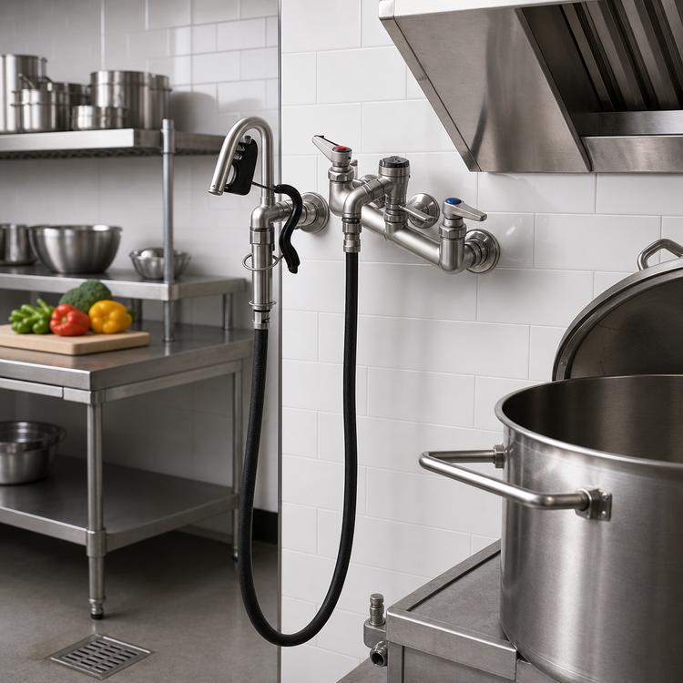 Product image #2 for T&S Brass Wall-Mount Pot & Kettle Filler Faucet, 8" Centers, 108" Hose, Self-Closing Hook Nozzle