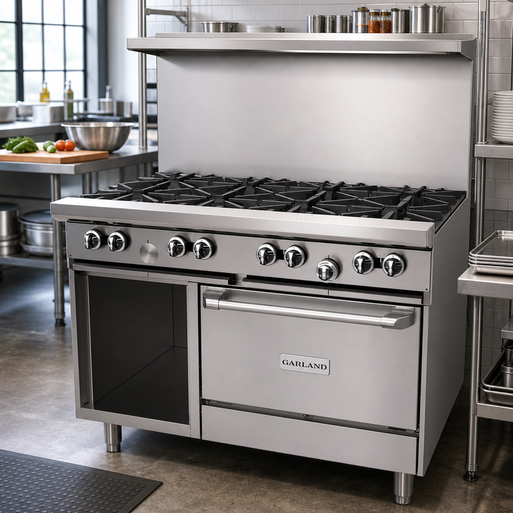 Product image #2 for Garland G Starfire Pro 48-Inch Gas Restaurant Range with 8 Open Burners, Standard Oven, and Storage Base