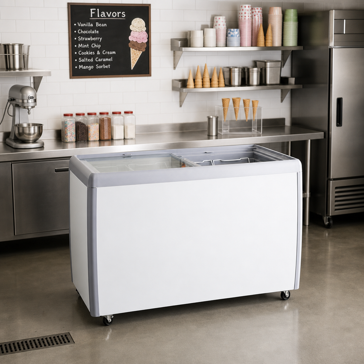 Product image #1 for Omcan USA 50-Inch Ice Cream Display Chest Freezer with Glass Sliding Top, Lock and Baskets, 13.1 Cu. Ft.