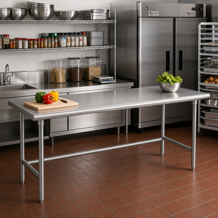 Product image #2 for Advance Tabco Premium Series Flat Top Open Base Work Table, 144 x 36 Inches, 14 Gauge 304 Stainless Steel Top, Galvanized Legs