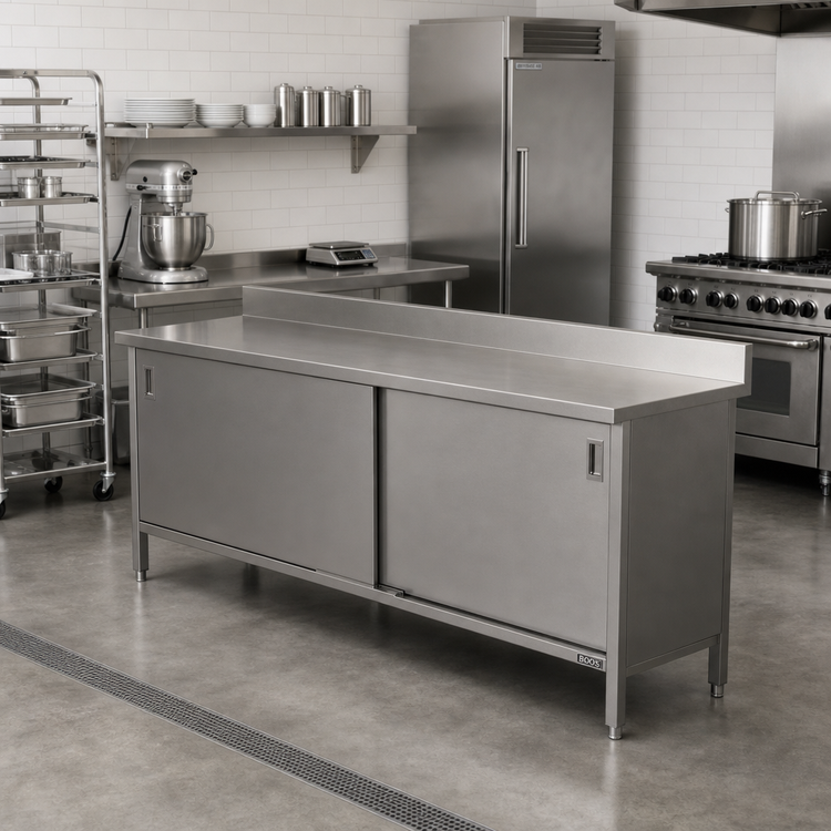 Product image #2 for John Boos 108 x 24 Inch Enclosed Work Table with Cabinet Base, Hinged Doors, 14-Gauge 300 Series Stainless Steel Top, 5 Inch Backsplash
