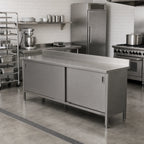 Thumbnail image #2 for John Boos EBHS4R5-24108 108 x 24 Inch Enclosed Stainless Steel Work Table, Cabinet Base, 14-Gauge 300 Series Top, 5-Inch Backsplash