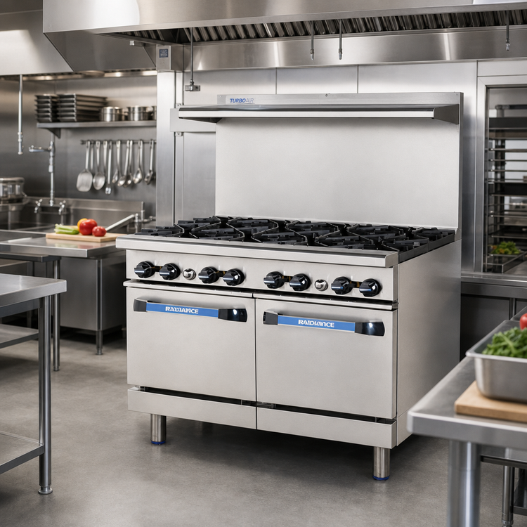 Product image #2 for Turbo Air Radiance 48-Inch Commercial Gas Range with 8 Open Burners and 2 Standard Ovens