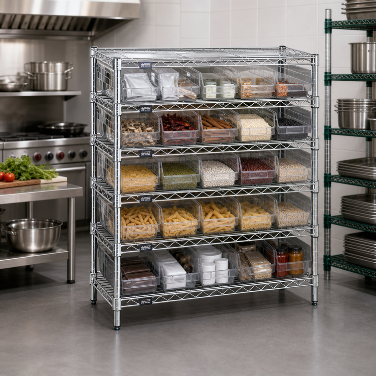 Product image #2 for Quantum Conductive Bin Wire Shelving System with 25 Clear Bins, 36W x 12D x 36H, Chrome Plated