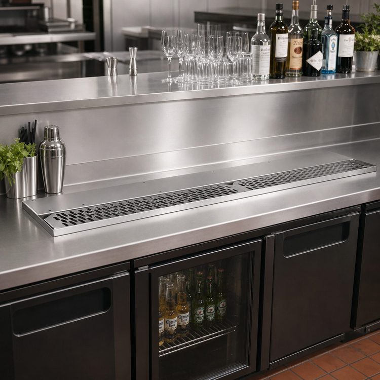Product image #2 for Glastender 42-Inch Left-Drain Stainless Steel Underbar Drink Rail with Removable Perforated Insert