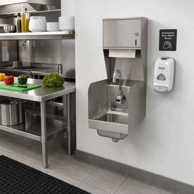 Product image #2 for Advance Tabco 12-Inch Wall-Mounted Hand Sink with Left and Right Side Splashes, Electronic Faucet, Soap & Towel Dispensers, 9 x 9 x 5 Bowl