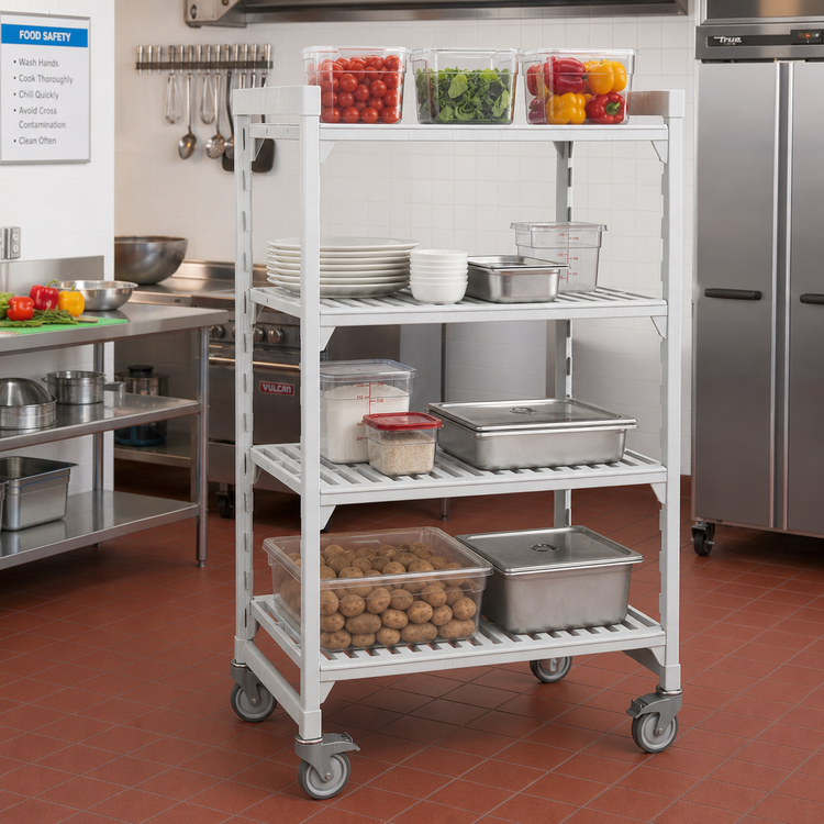 Product image #3 for Cambro Camshelving Premium High Density 4-Shelf Vented Mobile Starter Unit, 24" x 54" x 67-1/4", Speckled Gray
