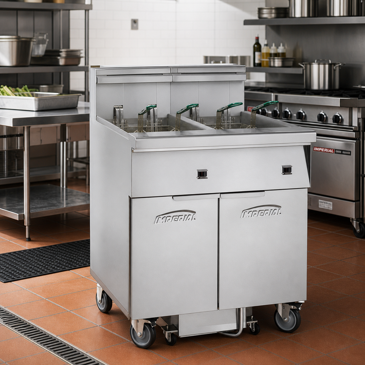Product image #2 for Imperial Electric Floor Model Fryer with (2) 50-Lb Tanks and Built-In Space Saver Filter System