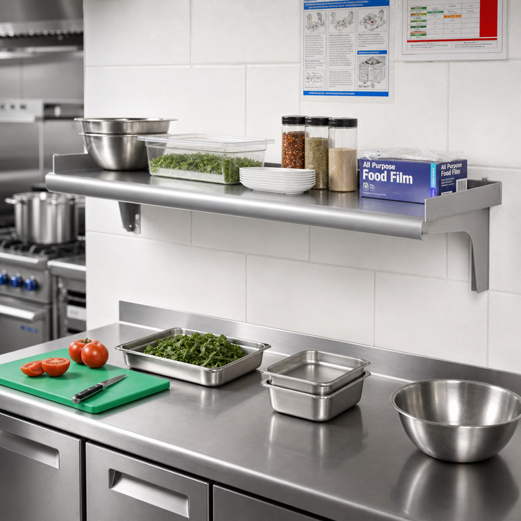 Product image #2 for Eagle Group Snap-n-Slide 72-Inch Wall-Mounted Shelf, 15-Inch Deep, Rolled Front Edge, 14/304 Stainless Steel