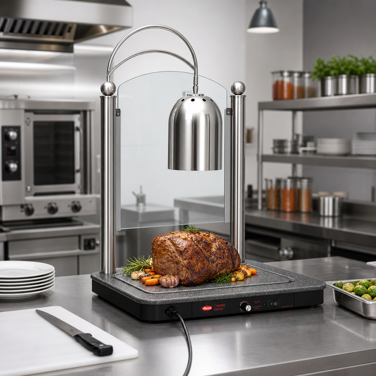 Product image #2 for Hatco Freestanding Decorative Carving Station with Single Heat Lamp, Heated Stone Base, Sneeze Guard, and 24 x 20 Cutting Board