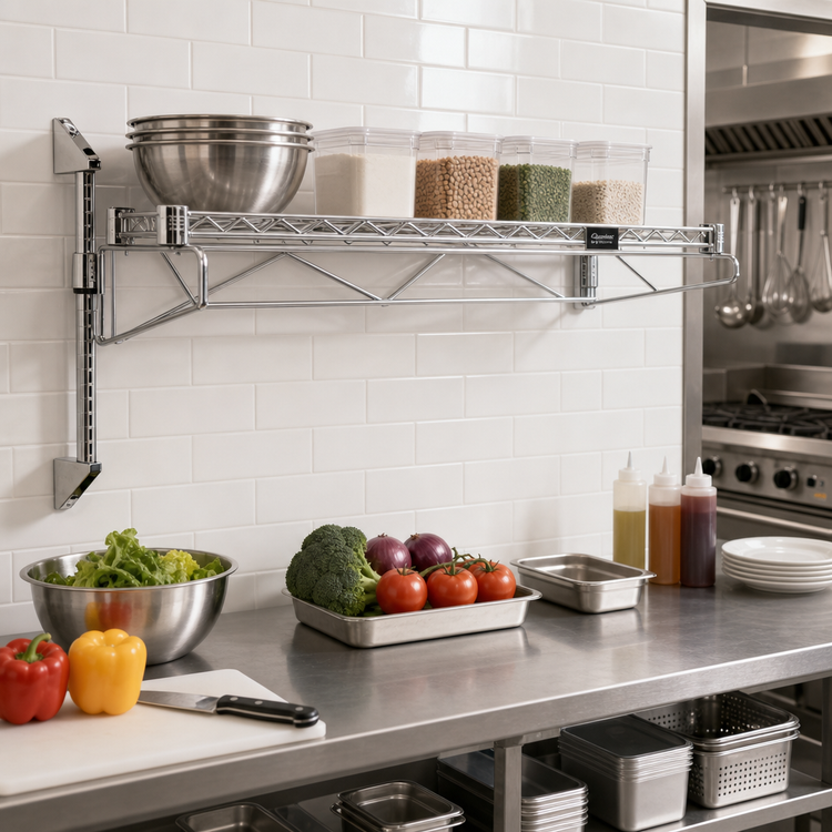 Product image #2 for Quantum Single Shelf Cantilever Wall-Mount Wire Shelving Unit with 60 x 12 Inch Shelf, Chrome Plated