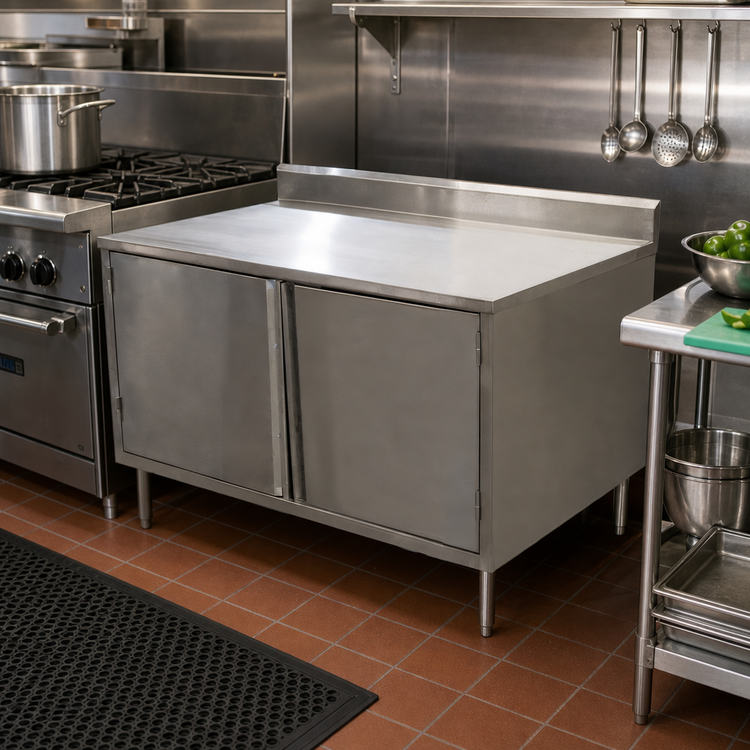 Product image #2 for BK Resources Stainless Steel Enclosed Work Table with Cabinet Base and Hinged Doors, 18 x 30 Inch, 5 Inch Backsplash
